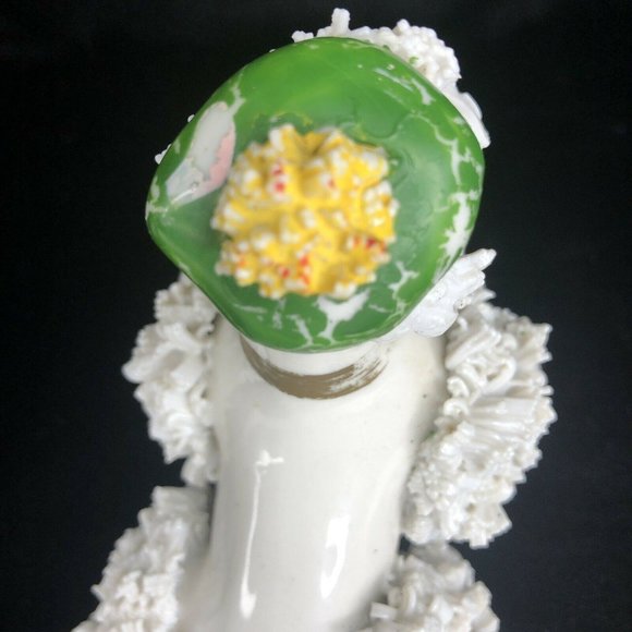 2 Vintage White Porcelain Spaghetti Poodle Dogs Wearing Green Beret Hat Figurine - Picture 6 of 12